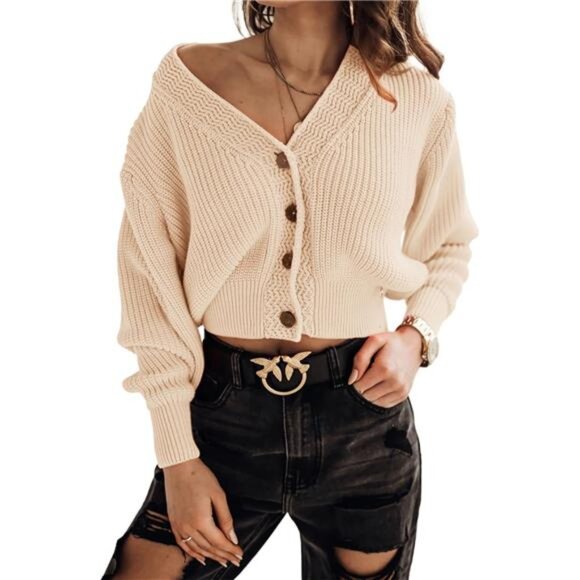 Women's Long Sleeve V-Neck Button Down Rib Knit Cropped Cardigan Sweater - Picture 1 of 6